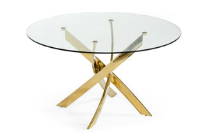 VIG Furniture Pyrite Modern Round Glass Dining Table With 51" Tempered Top & Sculptural Gold Stainless Steel Base VGEWF2133AG