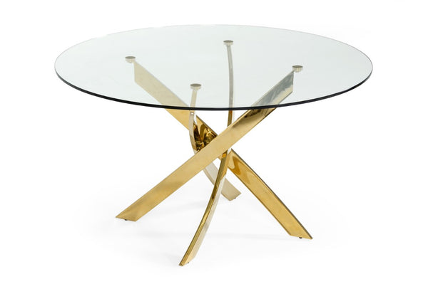 VIG Furniture Pyrite Modern Round Glass Dining Table With 51" Tempered Top & Sculptural Gold Stainless Steel Base VGEWF2133AG