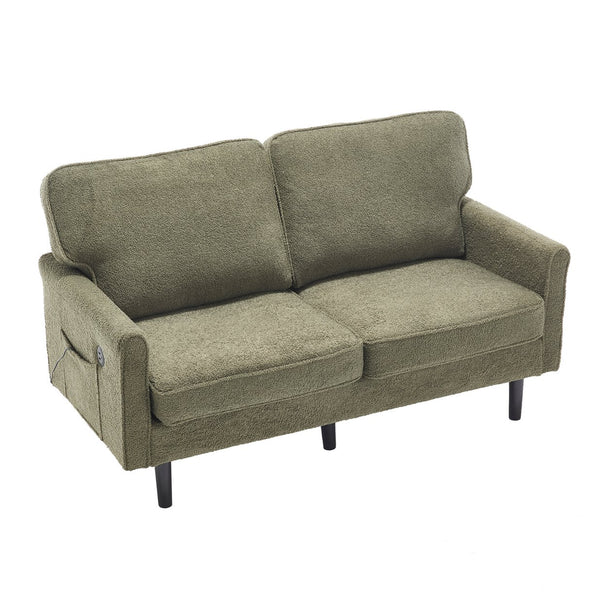 English Elm Loveseat Mid Century Modern Two-Seater Sofa with USB Type-C Charging, Removable Zipper Covers, Durable Wood Legs Green W395P238825