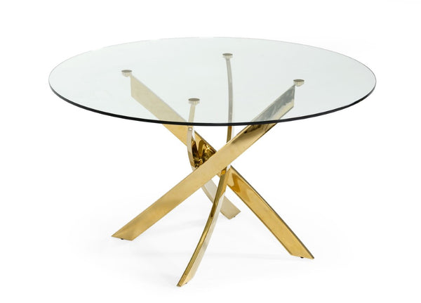 VIG Furniture Pyrite Modern Round Glass Dining Table With 51" Tempered Top & Sculptural Gold Stainless Steel Base VGEWF2133AG