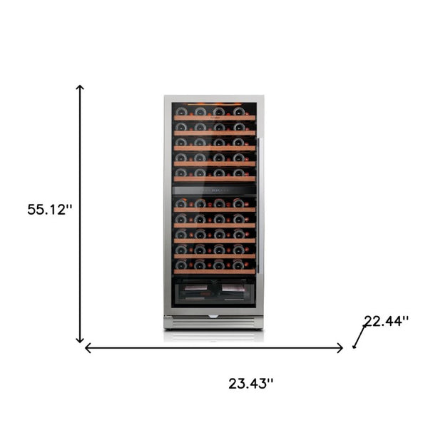 55 Inch Dual Zone Stainless Steel Wine Cooler with Glass Door for Home Bar Storage