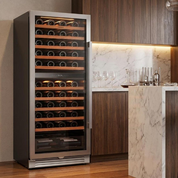55 Inch Dual Zone Stainless Steel Wine Cooler with Glass Door for Home Bar Storage
