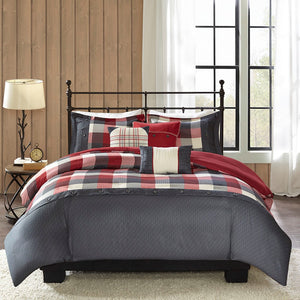 English Elm Full/Queen Ridge 6 Piece Herringbone Duvet Cover Set - Buffalo Plaid Cabin Style, Cozy Textured Embroidered Pillows B035129174