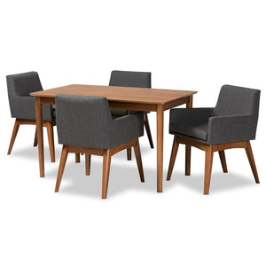 Baxton Studio Baxton Dorina 5-Piece Mid-Century Modern Dining Set - Dark Grey Upholstered Chairs & Walnut Table BBT5281-Dark Grey/Walnut-5PC Dining Set