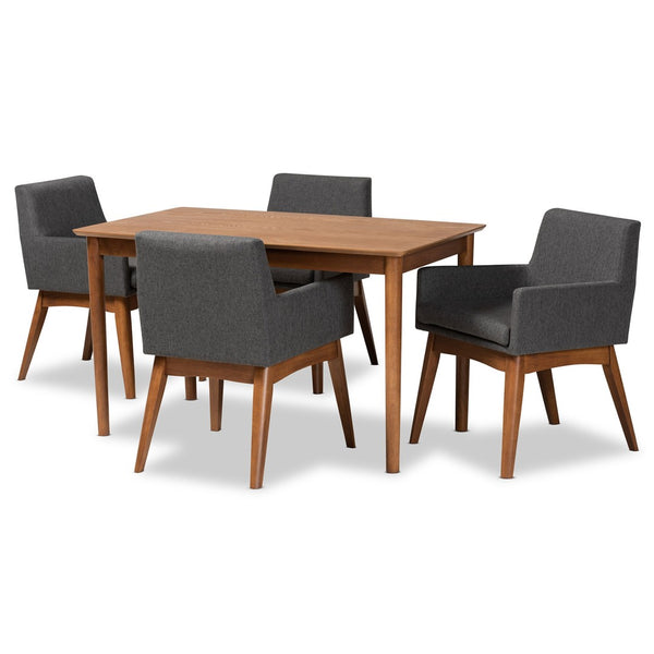 Baxton Studio Baxton Dorina 5-Piece Mid-Century Modern Dining Set - Dark Grey Upholstered Chairs & Walnut Table BBT5281-Dark Grey/Walnut-5PC Dining Set