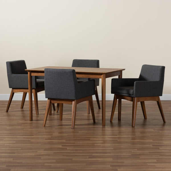 Baxton Studio Baxton Dorina 5-Piece Mid-Century Modern Dining Set - Dark Grey Upholstered Chairs & Walnut Table BBT5281-Dark Grey/Walnut-5PC Dining Set