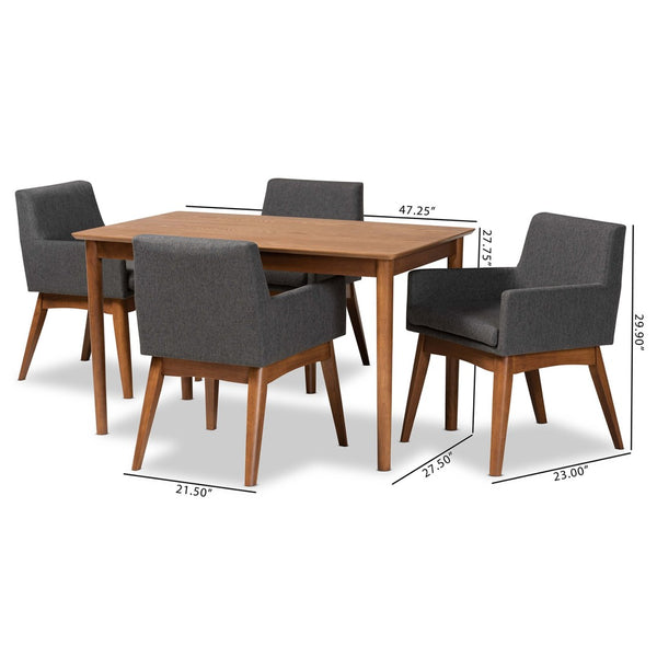Baxton Studio Baxton Dorina 5-Piece Mid-Century Modern Dining Set - Dark Grey Upholstered Chairs & Walnut Table BBT5281-Dark Grey/Walnut-5PC Dining Set