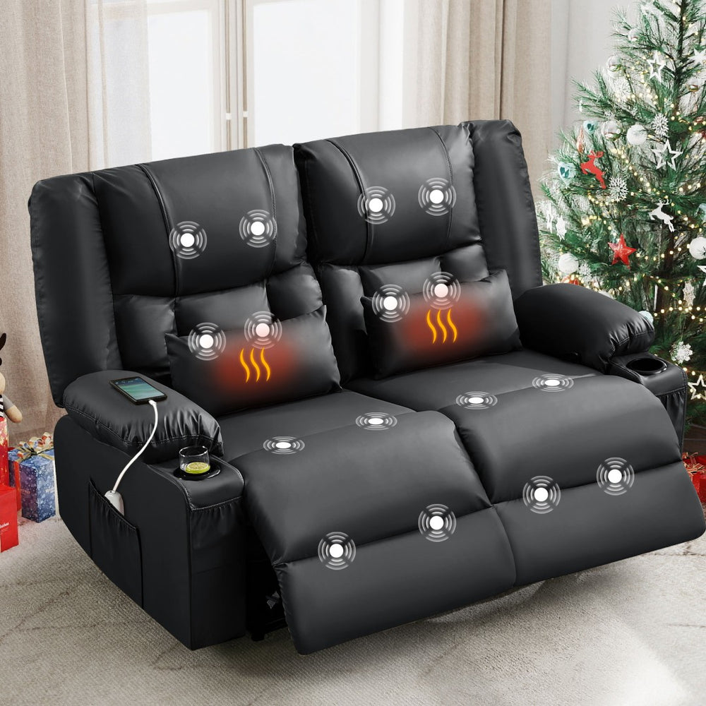 English Elm Recliner Loveseat with Massage Heat Pu Leather Dual Seating and Usb Charging Ports Black W1521S00082