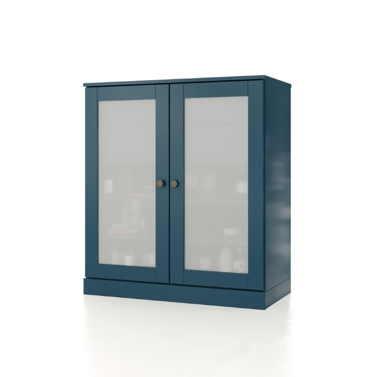 HomeRoots 32 Inch Teal Solid Wood Linen Cabinet with Dual Glass Panel Doors for Bathroom 759163