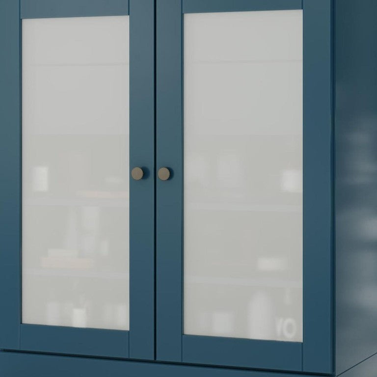 HomeRoots 32 Inch Teal Solid Wood Linen Cabinet with Dual Glass Panel Doors for Bathroom 759163