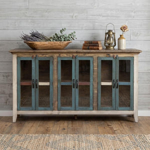 73 Inch Distressed Wood Sideboard Buffet with Six Glass Doors for Dining Room Storage