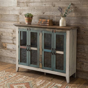51 Inch Distressed Solid Wood Buffet Sideboard with Four Glass Panel Doors