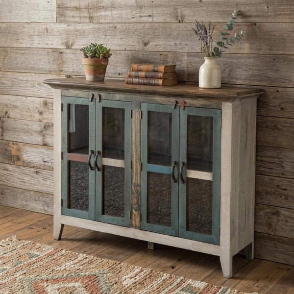 51 Inch Distressed Solid Wood Buffet Sideboard with Four Glass Panel Doors