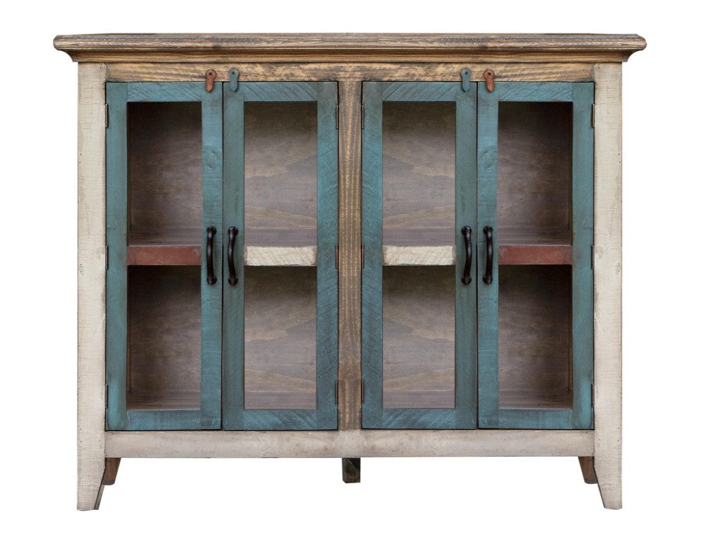 HomeRoots 51 Inch Distressed Solid Wood Buffet Sideboard with Four Glass Panel Doors 759193