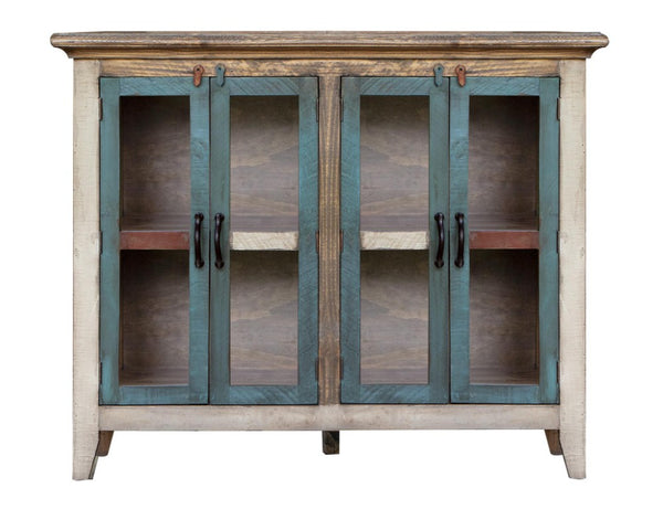 HomeRoots 51 Inch Distressed Solid Wood Buffet Sideboard with Four Glass Panel Doors 759193