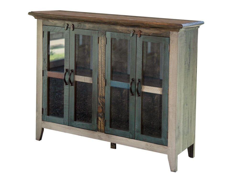 HomeRoots 51 Inch Distressed Solid Wood Buffet Sideboard with Four Glass Panel Doors 759193