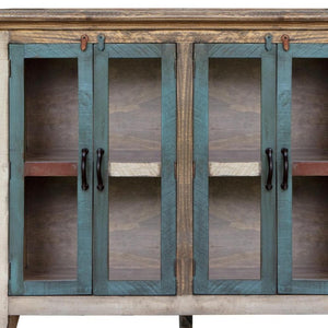 51 Inch Distressed Solid Wood Buffet Sideboard with Four Glass Panel Doors