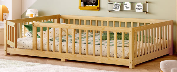 English Elm Full Floor Bed with Safety Guardrails and Play Door for Kids, Low Profile Pine Frame, 550lb Capacity Natural W1580P338952