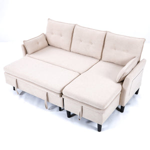 English Elm L-Shaped Reversible Chaise Sectional Sofa with Storage and Fold-Out Bed Cotton-Linen Modern Design Beige W3371S00024