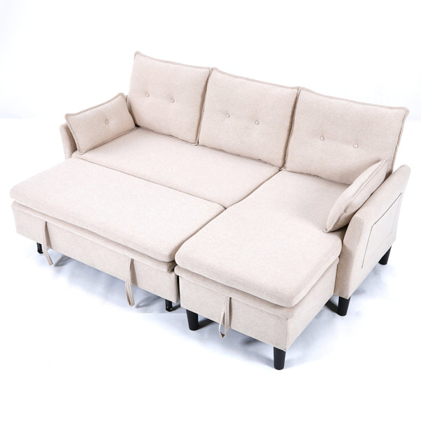 English Elm L-Shaped Reversible Chaise Sectional Sofa with Storage and Fold-Out Bed Cotton-Linen Modern Design Beige W3371S00024