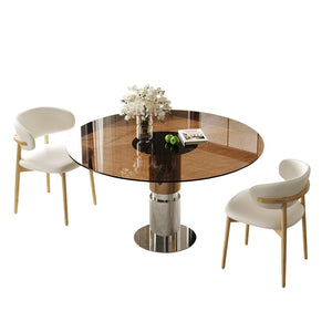 English Elm 35-inch Round Tempered Glass Dining Table with Steel Base for Small Apartments W509S00162