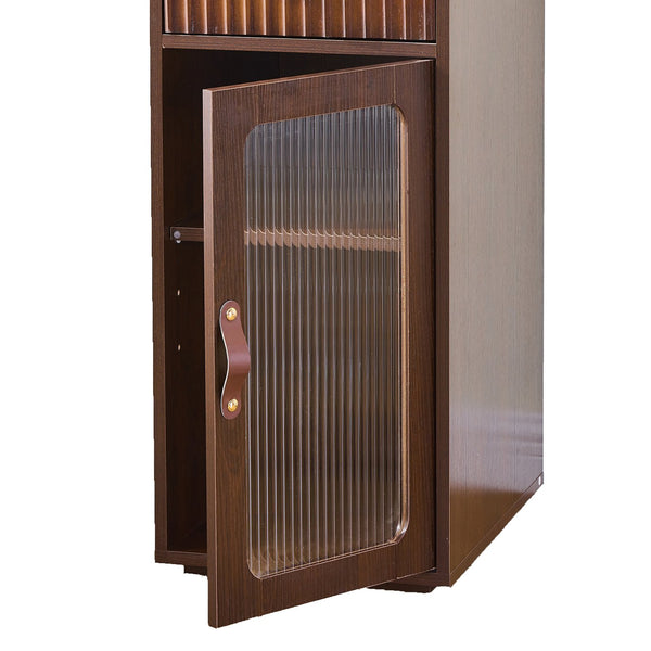 English Elm Elegant Walnut Makeup Vanity with Sliding 3-Color LED Mirror, Large Shelves, Fluted Drawer & Cabinet N844P257533W