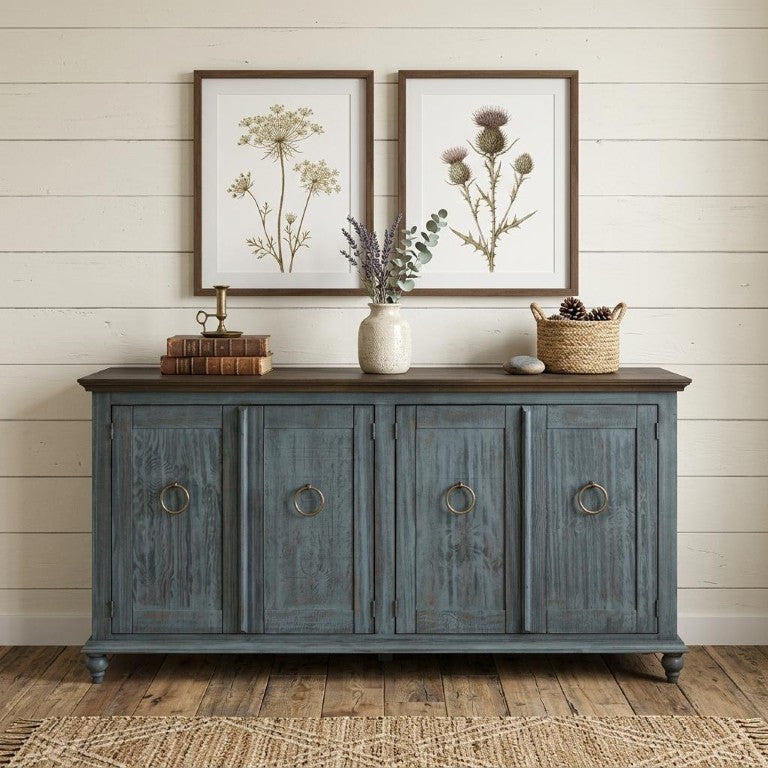 74 Inch Distressed Sideboard with Four Doors Rustic Wood Finish for Dining Room