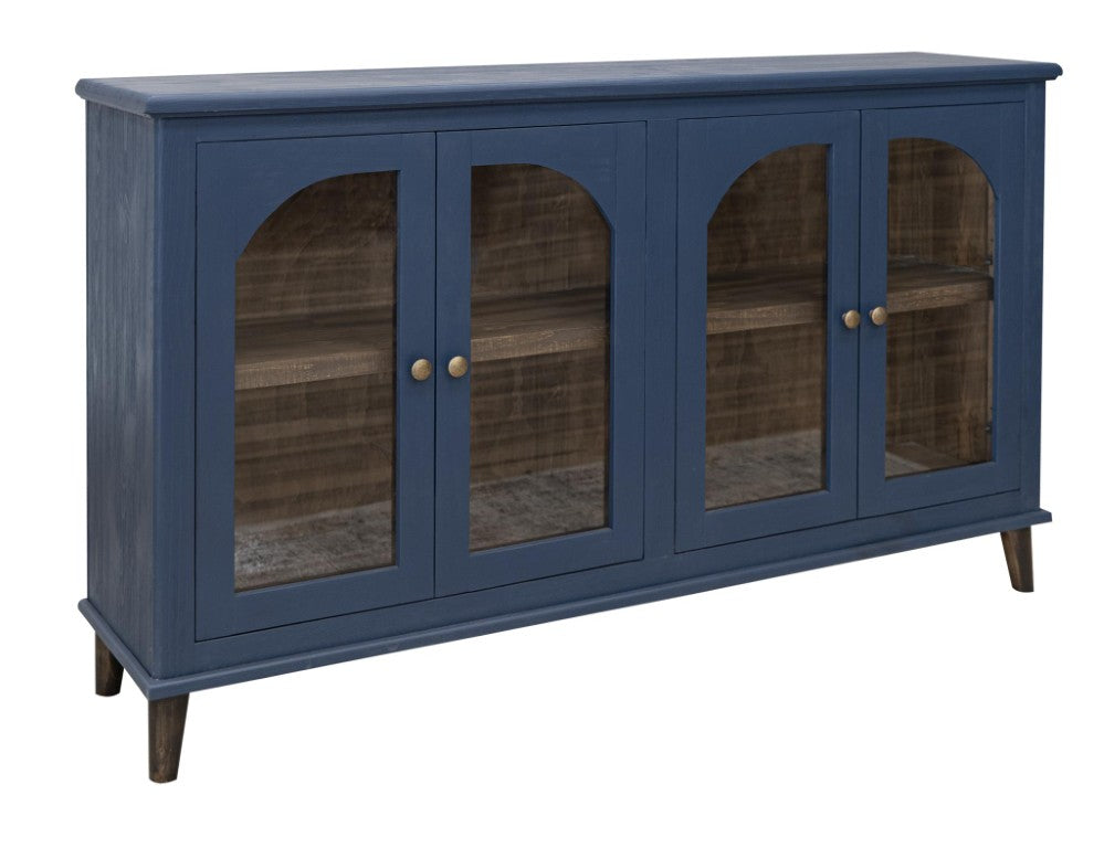 HomeRoots 71 Inch Distressed Navy Wood Buffet Sideboard with Glass Door Storage for Dining Rooms 759208