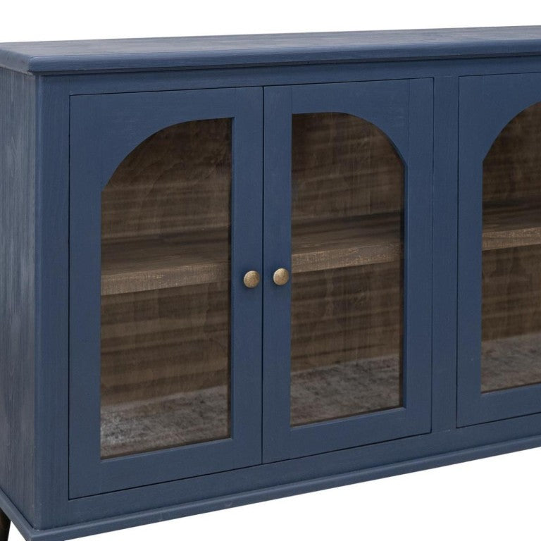 HomeRoots 71 Inch Distressed Navy Wood Buffet Sideboard with Glass Door Storage for Dining Rooms 759208