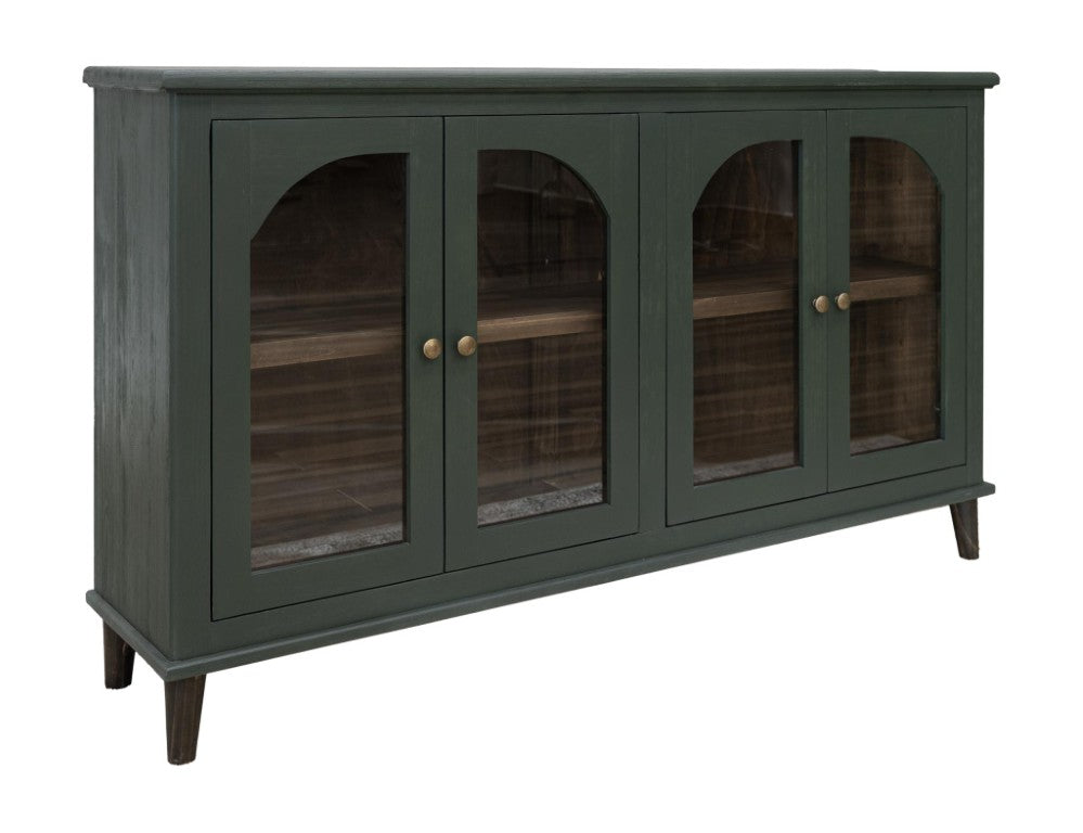 HomeRoots 71 Inch Distressed Green Wood Sideboard with Glass Doors for Elegant Dining Rooms 759209