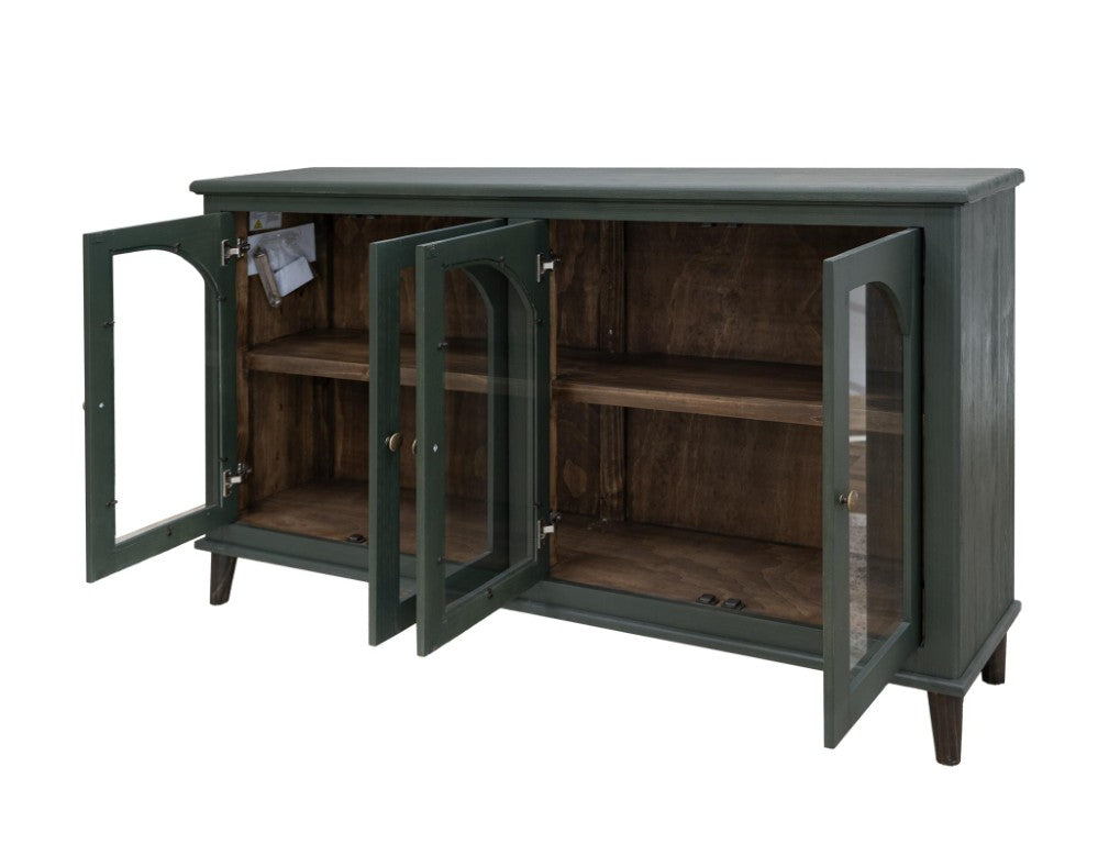 HomeRoots 71 Inch Distressed Green Wood Sideboard with Glass Doors for Elegant Dining Rooms 759209