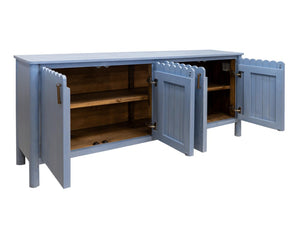 76 Inch Distressed Coastal Blue Wood Credenza with Four Door Storage for Living Room