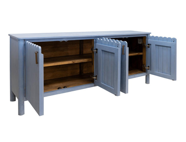 76 Inch Distressed Coastal Blue Wood Credenza with Four Door Storage for Living Room