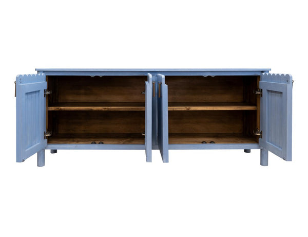 76 Inch Distressed Coastal Blue Wood Credenza with Four Door Storage for Living Room