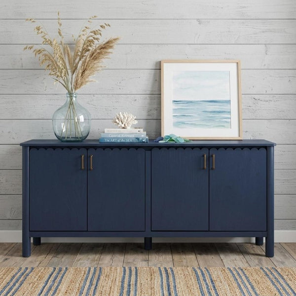 76 Inch Distressed Navy Buffet Cabinet with Four Doors for Dining or Living Rooms