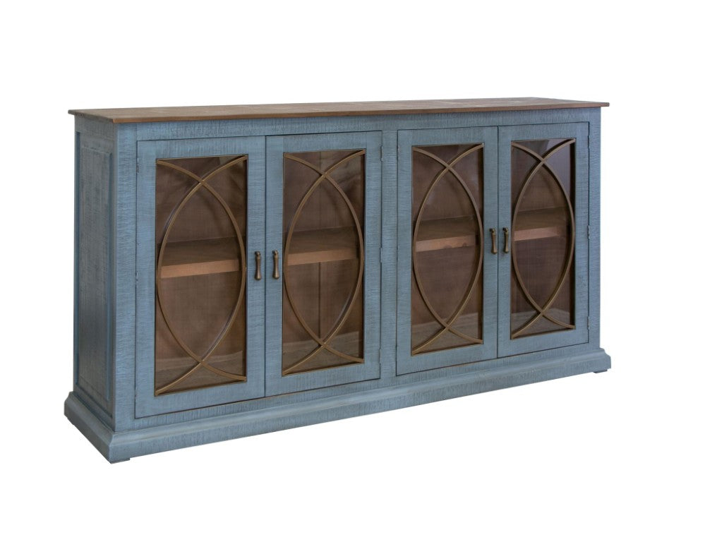 HomeRoots 77 Inch Distressed Blue Wood Buffet Sideboard with Four Glass Panel Cabinet Doors 759214