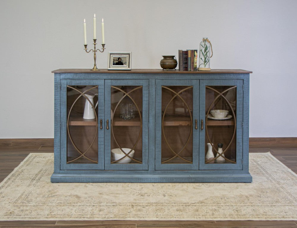 HomeRoots 77 Inch Distressed Blue Wood Buffet Sideboard with Four Glass Panel Cabinet Doors 759214