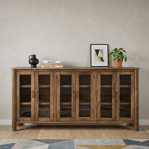 73 Inch Distressed Wood Sideboard Buffet with Six Glass Doors for Dining Room Storage