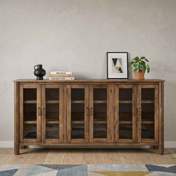 73 Inch Distressed Wood Sideboard Buffet with Six Glass Doors for Dining Room Storage