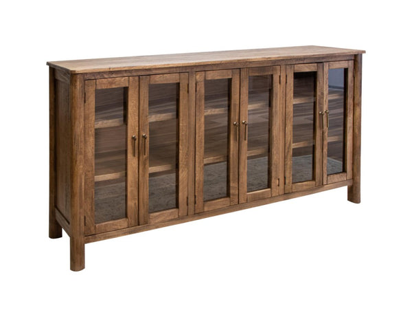 73 Inch Distressed Wood Sideboard Buffet with Six Glass Doors for Dining Room Storage