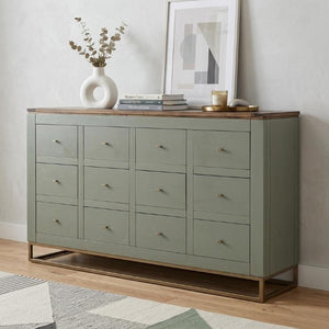 61 Inch Rustic Distressed Wood Sideboard with 12 Drawers for Stylish Dining Room Storage