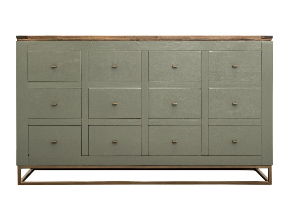 HomeRoots 61 Inch Rustic Distressed Wood Sideboard with 12 Drawers for Stylish Dining Room Storage Green / Brown 759218