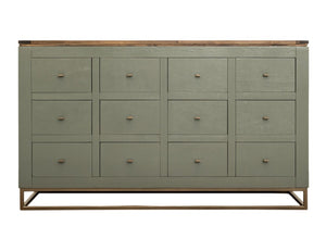 HomeRoots 61 Inch Rustic Distressed Wood Sideboard with 12 Drawers for Stylish Dining Room Storage Green / Brown 759218