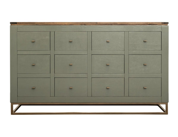 HomeRoots 61 Inch Rustic Distressed Wood Sideboard with 12 Drawers for Stylish Dining Room Storage Green / Brown 759218