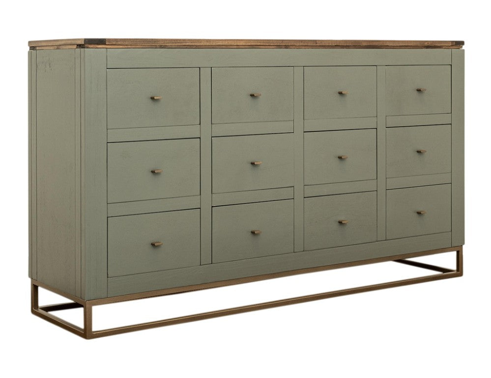 HomeRoots 61 Inch Rustic Distressed Wood Sideboard with 12 Drawers for Stylish Dining Room Storage Green / Brown 759218