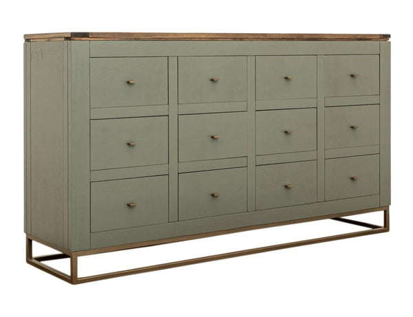 61 Inch Rustic Distressed Wood Sideboard with 12 Drawers for Stylish Dining Room Storage