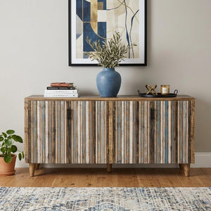69 Inch Distressed Blue Wood Buffet Sideboard with Four Doors for Dining Room