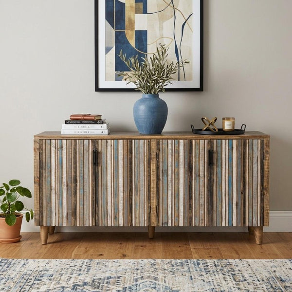 69 Inch Distressed Blue Wood Buffet Sideboard with Four Doors for Dining Room