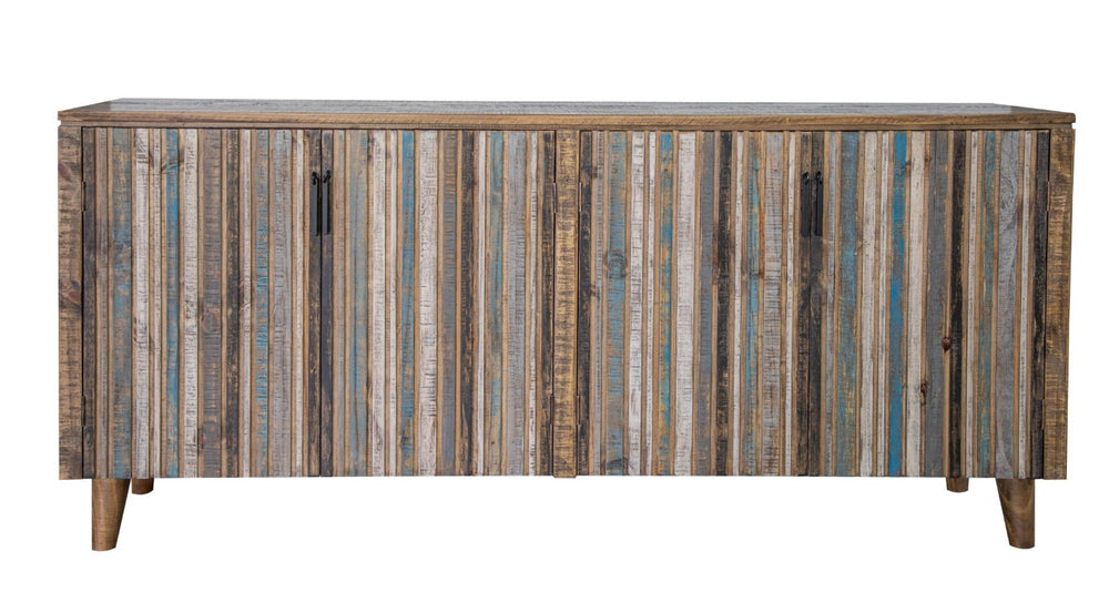 HomeRoots 69 Inch Distressed Blue Wood Buffet Sideboard with Four Doors for Dining Room 759219
