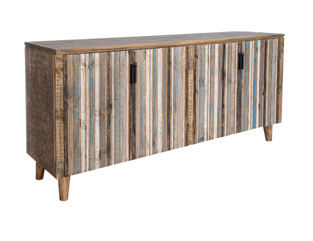 HomeRoots 69 Inch Distressed Blue Wood Buffet Sideboard with Four Doors for Dining Room 759219